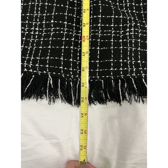 Zara Women's L Black White Tweed Long Sleeve Pullover Blouse Fringe Crop Work - Picture 6 of 7